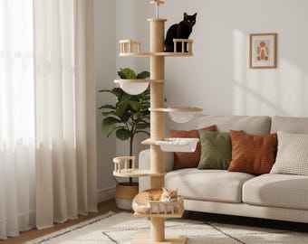 Modern Natural Wood Cat Tree with Cozy Bowls and Climbing Platforms for Feline Fun