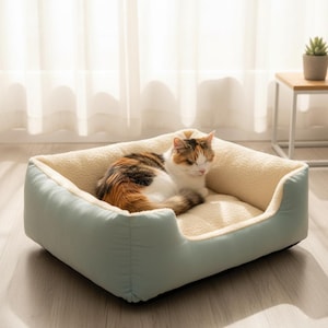 May include: A light blue pet bed with a cream-colored, plush interior. A calico cat is curled up inside the bed, appearing relaxed. The bed has a rectangular shape with slightly raised sides, providing a cozy space for the cat.