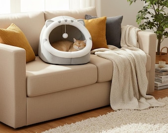 Cozy Cat Bed with Plush Interior and Ear Details for Stylish Feline Comfort