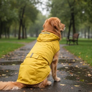 以下が含まれることがあります： 公園の濡れた小道に座っている、黄色のフード付きレインコートを着たゴールデンレトリバー。 レインコートにはポケットと反射ストリップが付いています。 犬は右を見ており、背景にはぼやけた木とベンチがあります。