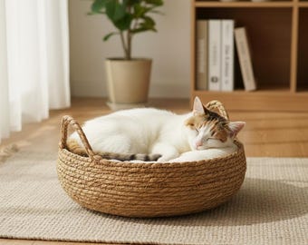 Cama para gatos de tejido natural en un cálido y acogedor diseño redondo color beige para una comodidad elegante de su mascota.