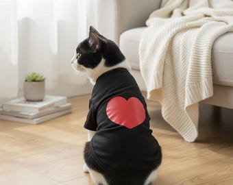 Soft Cotton Cat T Shirt with Red Heart Graphic for Stylish Feline Fashion