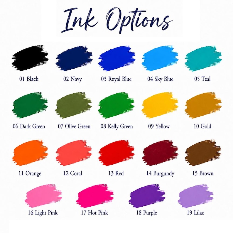 Pu&ograve; includere: Una tabella colori intitolata Ink Options che mostra diciannove campioni di inchiostro distinti in stile pennellata, numerati da 01 a 19 con i relativi nomi dei colori, tra cui tonalit&agrave; di nero, blu, verde e rosa.