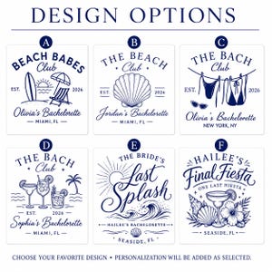 Pu&ograve; includere: Una collezione di sei opzioni di design grafico blu scuro etichettate da A a F per abbigliamento da festa. Ogni design presenta illustrazioni uniche come tavole da surf, conchiglie, bikini, cocktail e onde con testo personalizzabile.