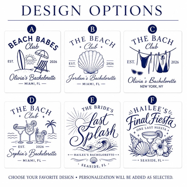 Pu&ograve; includere: Una collezione di sei opzioni di design grafico blu scuro etichettate da A a F per abbigliamento da festa. Ogni design presenta illustrazioni uniche come tavole da surf, conchiglie, bikini, cocktail e onde con testo personalizzabile.