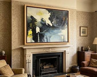 Black White & Blue Abstract Oil Painting, Zen Wall Art, Housewarming Gift