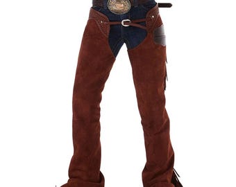 Chaps da uomo in pelle marrone, stile western da cowboy, pantaloni da moto con frange, fatti a mano