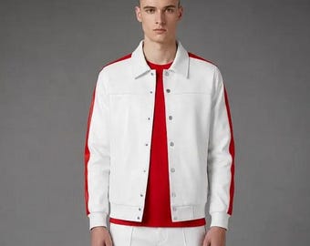 Herren-Trainingsanzug aus weißem Leder | Bikerjacke und -hose mit roten Streifen
