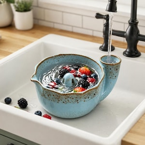 Puede incluir: Un colador de bayas de cerámica azul claro con un borde marrón moteado y un drenaje central. El cuenco está lleno de agua, fresas frescas y moras, con algunas bayas sueltas esparcidas cerca en un fregadero de cocina blanco.