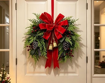 Op de afbeelding: Een feestelijke krans met groene ceder-takken, rode bessen en dennenappels, versierd met een grote rode fluwelen strik en twee hangende gouden klokjes. Een kleine, verlichte kunstkerstboom staat links naast de witte deur.