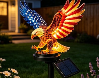 American Flag Bald Eagle Solar Garden Stake Light, Resin Patriotic Outdoor Yard Lamp, Veteran Gift for Home Backyard Landscape Ornament
