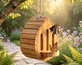 May include: A wooden butterfly house with a curved roof and vertical slats, suspended by a thick rope from a tree branch. The structure features a small landing platform where two butterflies are perched, one black and one orange and brown.