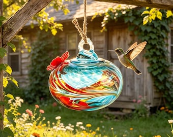 Handgeblazen glazen kolibrievoeder, kleurrijke hangende vogelvoeder, buitentuindecor, uniek cadeau voor vogelliefhebbers, tuindecorcadeau