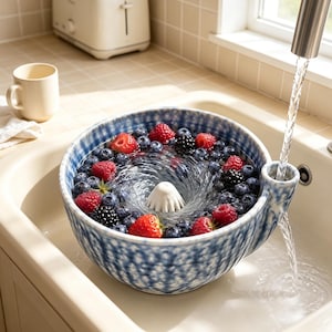 May include: A blue and white patterned ceramic berry colander bowl filled with water, fresh raspberries, and blueberries. The bowl features a central drainage cone and a side spout, with water flowing from a faucet into the side spout opening.