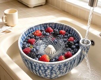 Handmade Ceramic Vortex Berry Washing Bowl, Fruit Spinner Colander with Spout, Unique Pottery Housewarming Gift, Cottagecore Kitchen Decor