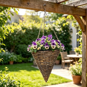 Op de afbeelding: Een kegelvormige hangmand van donkerbruin gevlochten riet, opgehangen aan een metalen ketting. De mand is gevuld met paarse en witte viooltjes en groen blad, wat zorgt voor een dichte, kleurrijke presentatie van bloeiende planten.