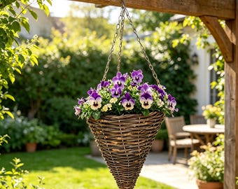 Op de afbeelding: Een kegelvormige hangmand van donkerbruin gevlochten riet, opgehangen aan een metalen ketting. De mand is gevuld met paarse en witte viooltjes en groen blad, wat zorgt voor een dichte, kleurrijke presentatie van bloeiende planten.