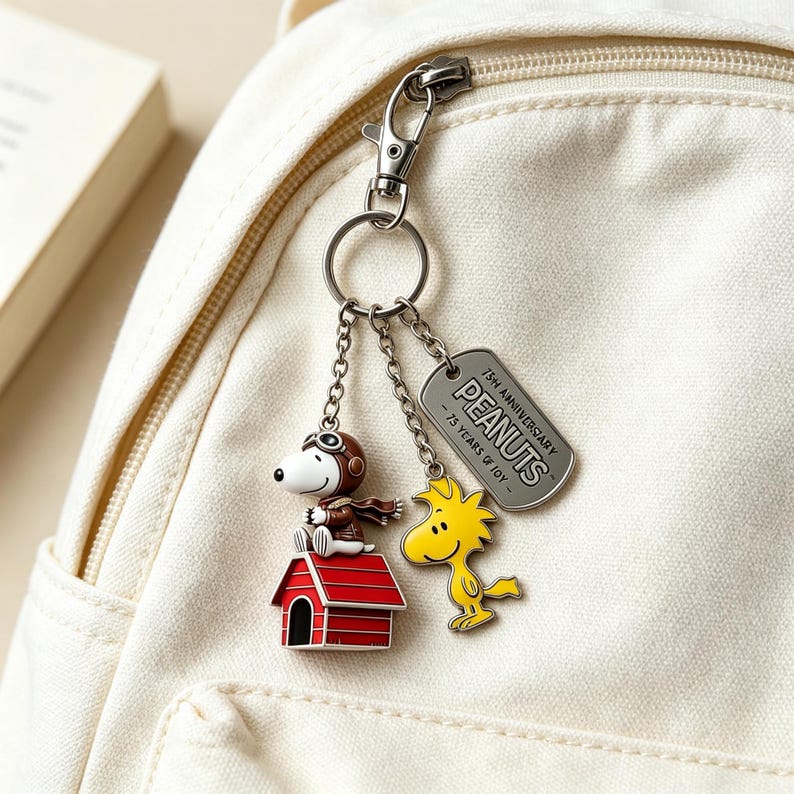 May include: A metal keychain featuring a white dog in an aviator cap sitting on a red doghouse, a yellow bird charm, and a silver-toned rectangular tag engraved with 75th Anniversary PEANUTS - 75 YEARS OF JOY, attached to a silver lobster clasp.