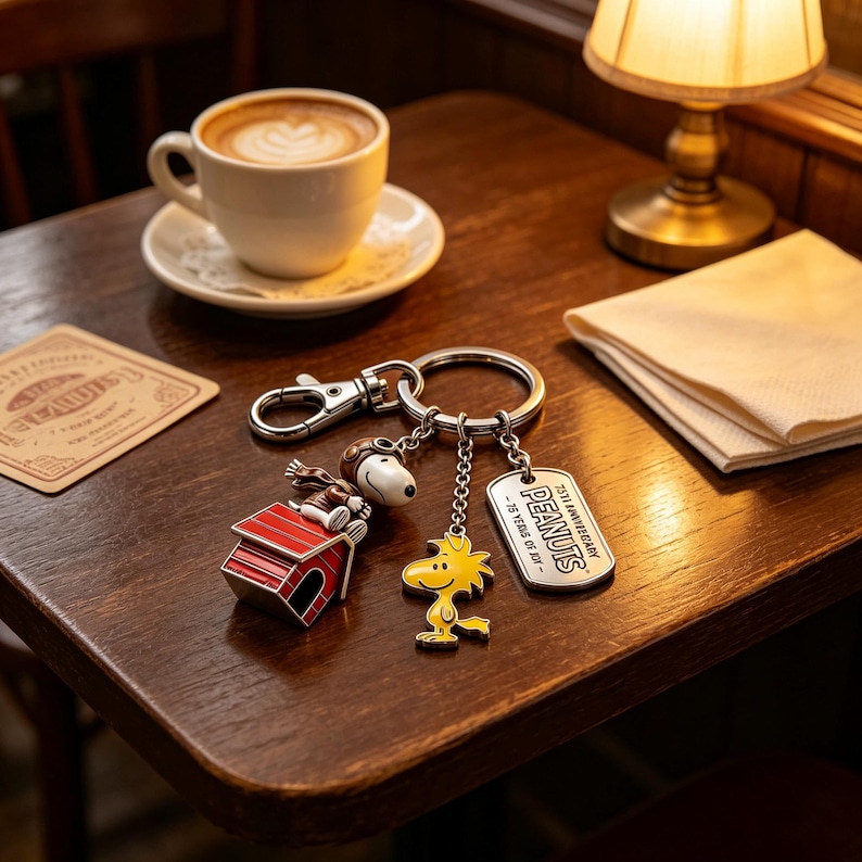 May include: A silver-toned metal keychain featuring a Snoopy figure wearing an aviator cap atop a red doghouse, a yellow Woodstock charm, and a rectangular tag engraved with 75th Anniversary PEANUTS - 75 YEARS OF JOY in black lettering.
