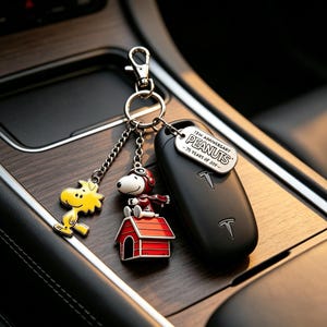May include: A metal keychain featuring a black Tesla key fob, a yellow Woodstock charm, and a Snoopy figure sitting on a red doghouse. A silver tag is attached with the text 75th Anniversary PEANUTS - 75 Years of Joy - engraved on the surface.