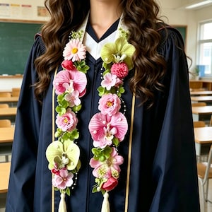 Op de afbeelding: Een marineblauwe afstudeerjurk met bloemenkransen. De kransen bestaan uit roze orchideeën, rozen en groene bladeren. De jurk heeft gouden randen en een witte kraag. Witte kwasten hangen aan de kransen.