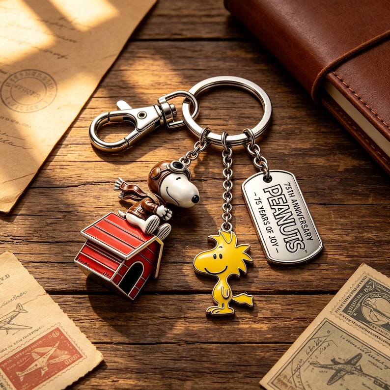 May include: A metal keychain featuring a Snoopy figure in an aviator cap sitting on a red doghouse, a yellow Woodstock charm, and a silver rectangular tag engraved with 75TH ANNIVERSARY PEANUTS - 75 YEARS OF JOY - attached to a split ring.