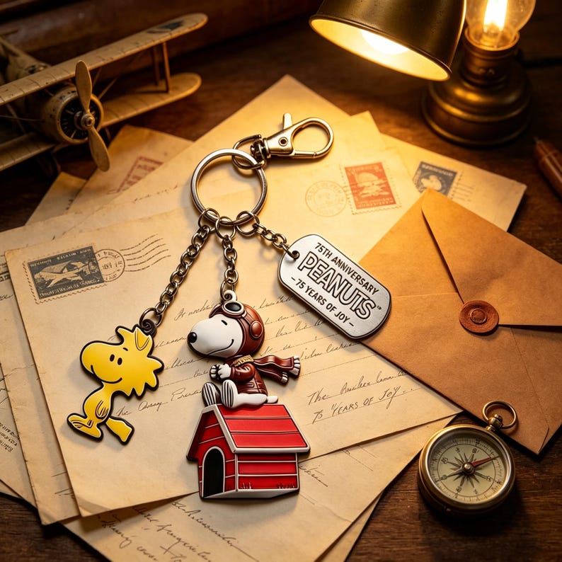 May include: A metal keychain featuring a yellow Woodstock charm, a Snoopy figure in an aviator hat sitting on a red doghouse, and a rectangular tag with the text 75TH ANNIVERSARY PEANUTS - 75 YEARS OF JOY - attached to a silver split ring.