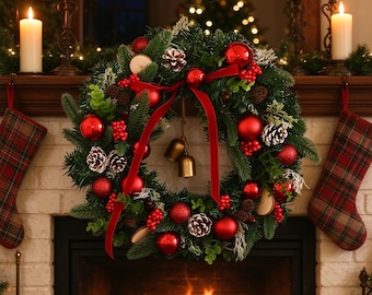 Op de afbeelding: Een kerstkrans gemaakt van groene dennentakken versierd met rode kerstballen, dennenappels, rode bessen en kleine houten schijfjes. Een rood fluwelen lint is bovenaan gestrikt en twee kleine goudkleurige metalen belletjes hangen in het midden.