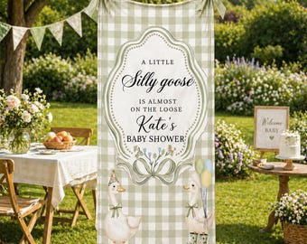 Personalized A Silly Goose Baby Shower Welcome Tapestry, Custom Name Neutral Greenery Banner