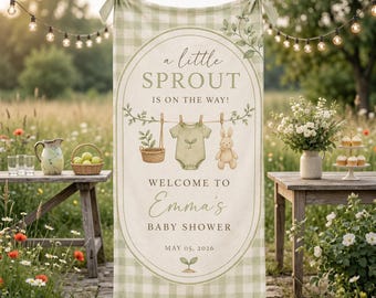 Personalized Little Sprout Baby Baby Shower Welcome Tapestry, Custom Name Neutral Greenery Banner
