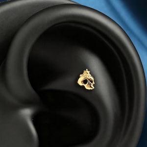 May include: A gold-toned stud earring shaped like a small skull with a crown detail on top. The skull features hollowed-out eye sockets and a defined jawline, with a polished metallic finish that reflects light, positioned on a dark ear model.
