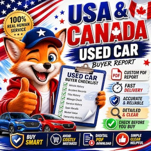 May include: A cartoon fox wearing a blue cap and red hoodie gives a thumbs up while holding a clipboard titled USED CAR BUYER CHECKLIST. The graphic features text including USA & CANADA USED CAR BUYER REPORT, 100% REAL HUMAN SERVICE, and various icons representing PDF reports, fast delivery, and vehicle history checks.