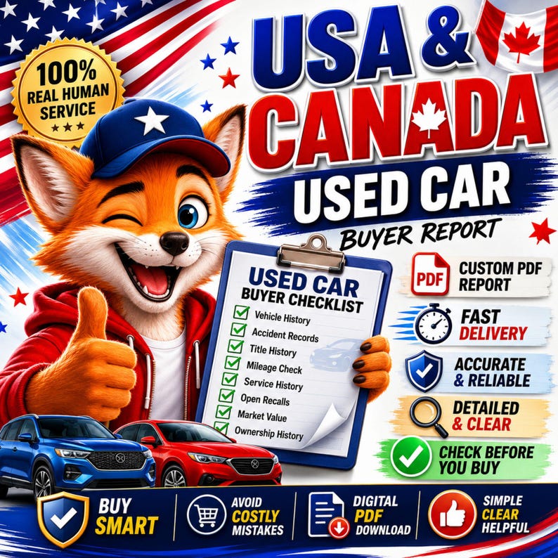 May include: A cartoon fox wearing a blue cap and red hoodie gives a thumbs up while holding a clipboard titled USED CAR BUYER CHECKLIST. The graphic features text including USA & CANADA USED CAR BUYER REPORT, 100% REAL HUMAN SERVICE, and various icons representing PDF reports, fast delivery, and vehicle history checks.