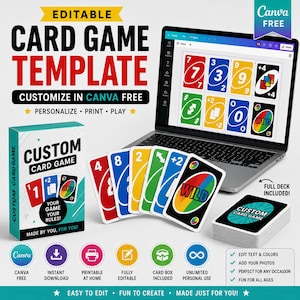 May include: An editable card game template featuring a box, a stack of cards, and a laptop screen displaying game card designs. The cards are red, blue, yellow, green, and black with numbers and symbols. Text includes "CUSTOM CARD GAME" and "EDITABLE CARD GAME TEMPLATE."
