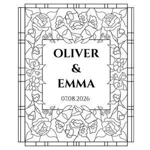 May include: Black and white floral design with the names "OLIVER & EMMA" and the date "07.08.2026" in the center. The design features roses and leaves, framed by a geometric border, suitable for wedding invitations or announcements.
