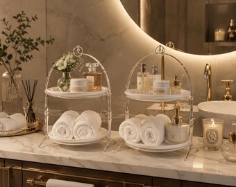 Organizador de baño de 2 niveles, soporte para servir, expositor de postres de acero inoxidable, organizador de perfumes y maquillaje.
