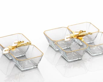 Gold Snack Serving Set Glass Bowl 2 and 4 Compartment Appetizer Tray for Brunch Coffee Table Decor Elegant Hosting