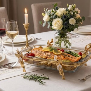 Puede incluir: Una mesa de comedor bellamente decorada con una fuente de vidrio llena de salmón cocido, tomates y espárragos. La mesa está puesta con platos blancos, copas de vino y candelabros dorados. Un ramo de rosas blancas y cardos azules añade un toque de elegancia.