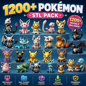 以下が含まれることがあります： 3Dプリント用の1200以上のポケモンSTLファイルのデジタルコレクション。画像には、ピカチュウ、ミュウ、フシギダネなど、青い段状のプラットフォームに配置された、カラフルで小さな様式化されたキャラクターフィギュアが多数表示されています。