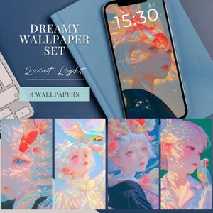Op de afbeelding: Een digitale wallpaper set met een dromerige esthetiek. De afbeelding toont een smartphone met een wallpaper met een vrouw en een koikarper. De set bevat acht wallpapers met vergelijkbare kunststijlen, met pastelkleuren en fantasiethema's. Tekst op de afbeelding luidt "Dreamy Wallpaper Set", "Quiet Light" en "8 Wallpapers".