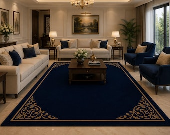 Tappeto blu navy trapuntato a mano, tappeto in lana neozelandese fatto a mano, tappeto con angoli decorati con bordo dorato.