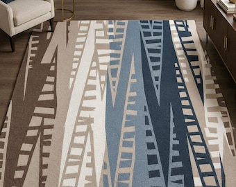 Tappeto moderno geometrico trapuntato a mano, tappeto artigianale in lana neozelandese, tappeto con motivo astratto blu beige