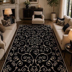 Könnte beinhalten: Ein rechteckiger Teppich mit schwarzem Hintergrund und einem sich wiederholenden cremefarbenen Schnörkelmuster. Das Design besteht aus symmetrischen, wirbelnden Rankenmotiven und floralen Elementen, die in einer durchgehenden Anordnung.