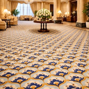 Könnte beinhalten: Eine große Hotellobby mit einem durchgehenden Teppichboden mit wiederkehrendem blau-weiß-goldenen Blumenmuster. Der Raum umfasst Marmorsäulen, Kristallleuchter und einen runden Mitteltisch mit einem großen weißen Blumenarrangement.