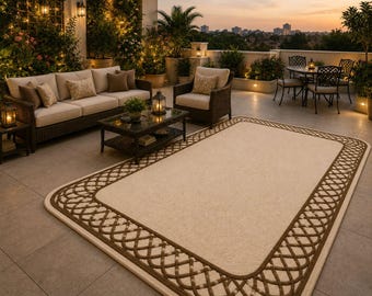 Tappeto indiano in lana trapuntata a mano | Tappeto con bordo a griglia color crema e marrone | Tappeto di lusso in lana neozelandese su misura | Moderno e minimalista