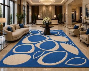 Blue Abstract Hand Tufted Rug, Low High Pile Wool Area Rug, Modern Organic Shapes Carpet 5x8