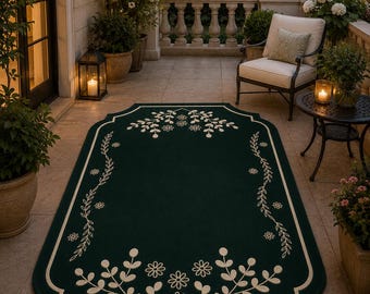 Dark Green Floral Hand Tufted Rug, Irregular Shape Handmade Botanical Custom Size Rug Carpet 3x9 , 6x9 , 5x7
