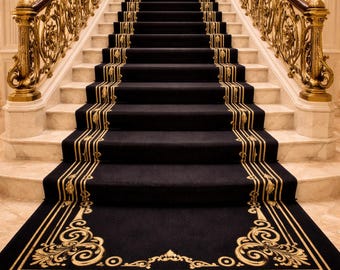 Tappeto di lusso nero e oro trapuntato a mano – Elegante bordo in stile Abushan – Tappeto in lana pregiata – Tappeto per soggiorno/ingresso in stile palazzo