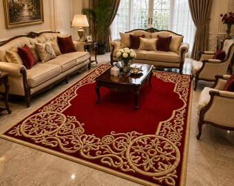 Tappeto in lana trapuntato a mano | Tappeto in stile palazzo rosso e oro | Tappeto vittoriano fatto a mano 3x9, 6x9, 5x7