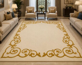 Tappeto indiano in lana trapuntata a mano | Tappeto con bordo avorio e oro | Tappeto in lana neozelandese trapuntato a mano | Tappeto classico di design su misura